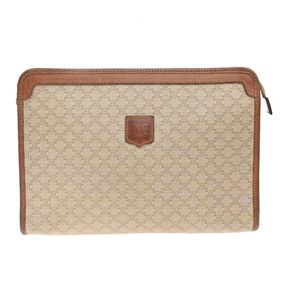 CELINE Logo Macadam Pattern Clutch Hand Bag PVC Leather Brown GHW Italy 02KA966 - Picture 1 of 14
